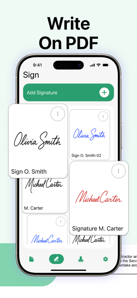 eSign: Fill & Sign Docs - A mobile interface for managing and selecting multiple digital signatures to sign PDFs