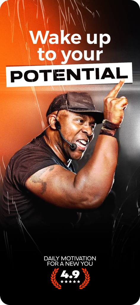 Mindset: Daily Motivation App - A motivational speaker pointing up with the text Wake up to your potential