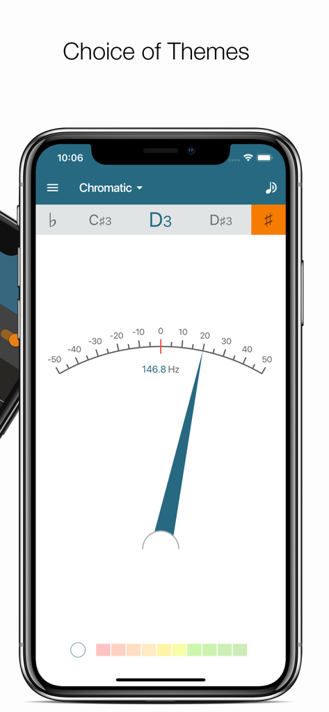 Pitched Tuner mobile app interface showing the chromatic tuning mode needle dial