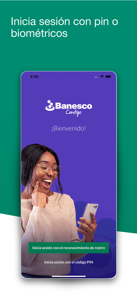 Pantalla de inicio de sesión de la aplicación móvil Banesco RD con reconocimiento facial y opciones de código PIN.