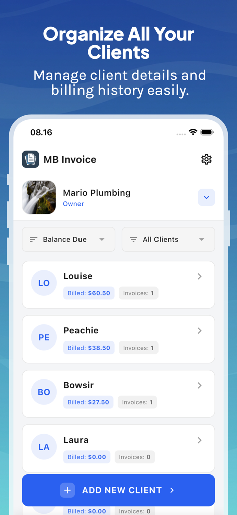 MB Invoice Maker - Eine mobile Oberfläche für die MB Rechnungs-Ersteller App, die eine Liste von Kunden zeigt, einschließlich Namen, Gesamtbeträgen und einer Schaltfläche zum Hinzufügen neuer Kunden.