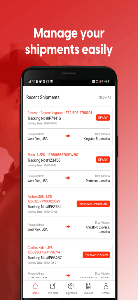 ipCourier - The Recent Shipments screen of the ipCourier app showing package tracking status from US addresses to international destinations like Jamaica.