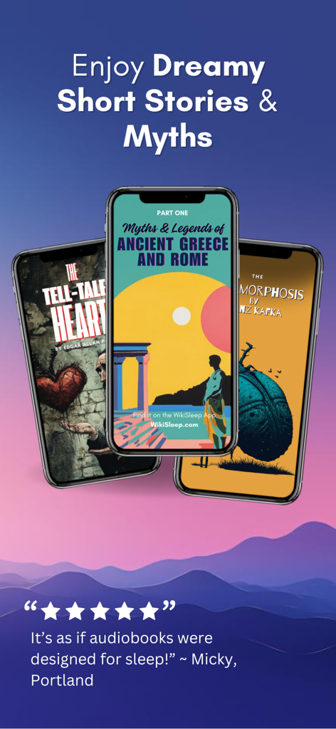 WikiSleep: Bedtime Stories - Three smartphones showing WikiSleep bedtime stories and myths including Ancient Greece legends and classic literature.