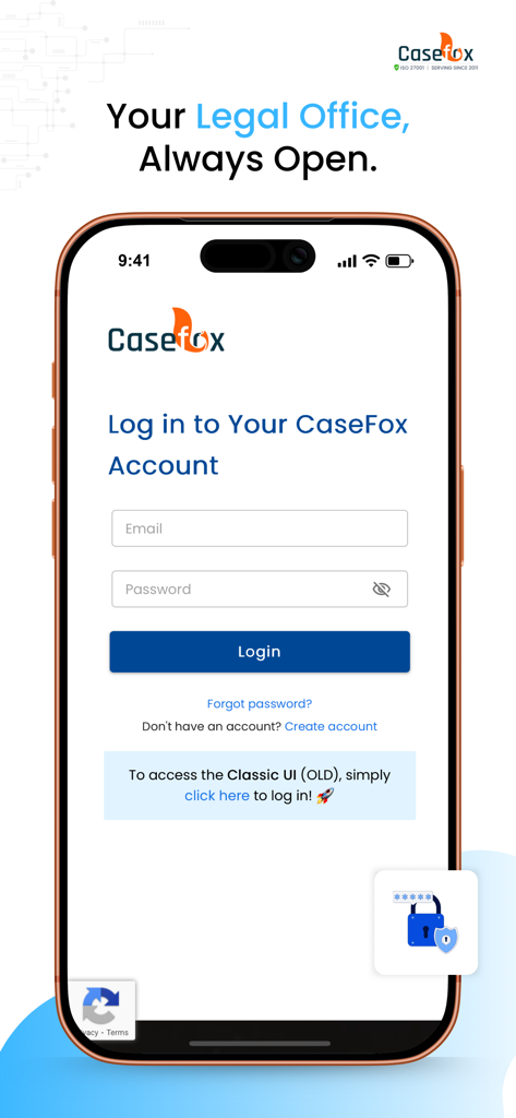 CaseFox - Pantalla de inicio de sesión de la aplicación de gestión de práctica legal CaseFox en un iPhone