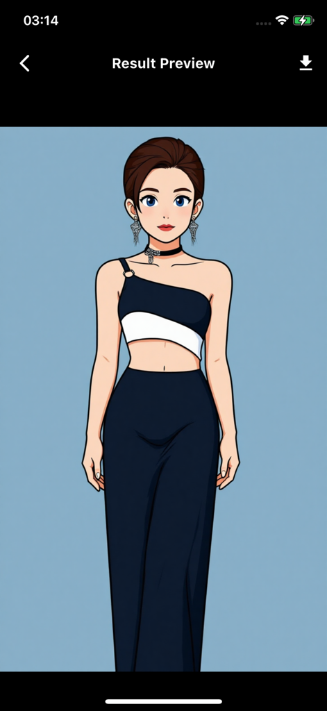 VivideoAI - Vorschau einer KI-generierten Anime-ähnlichen Frau in einem modischen schwarz-weißen Kleid in der VivideoAI-App