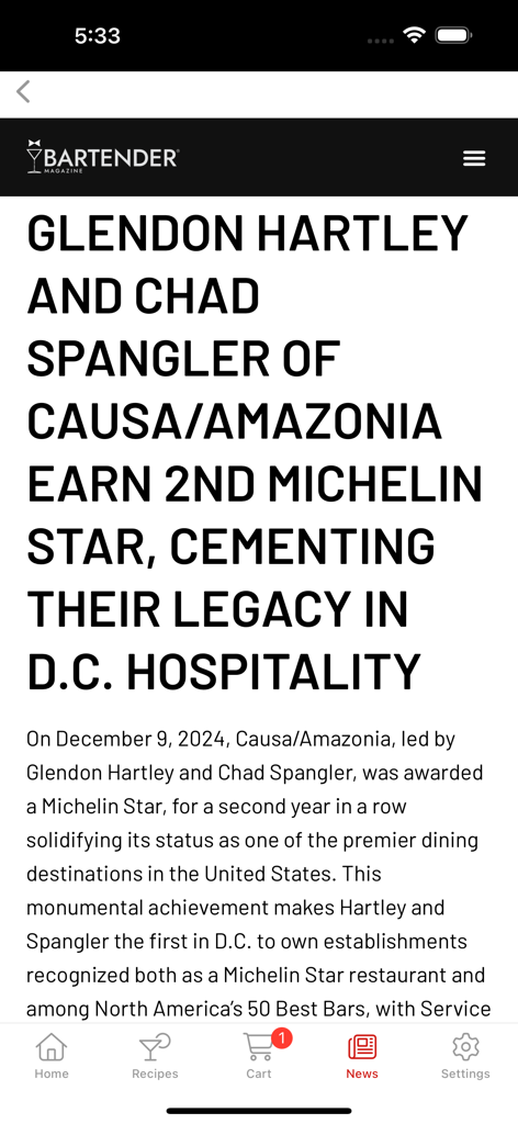 BARTENDER app news screen displaying an industry article about Michelin Star awards in the hospitality sector