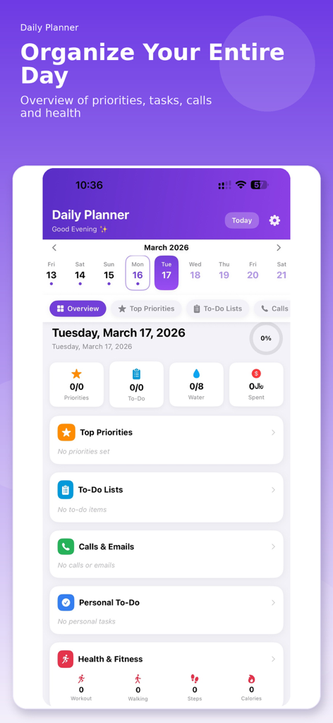 Daily Planner - My Day - Daily Planner My Day app overview screen showing task management and health tracking modules