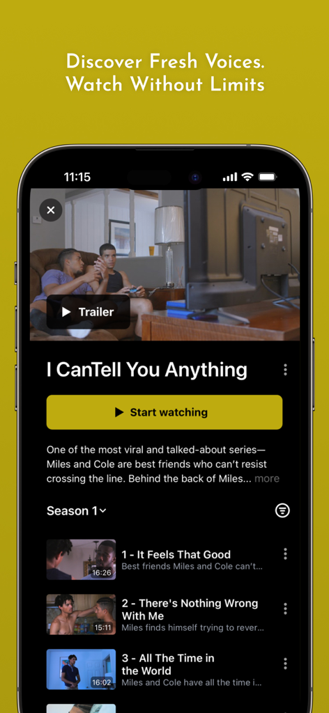 TysonPlus mobile app interface showing a series page for I Can Tell You Anything with episode list and trailer