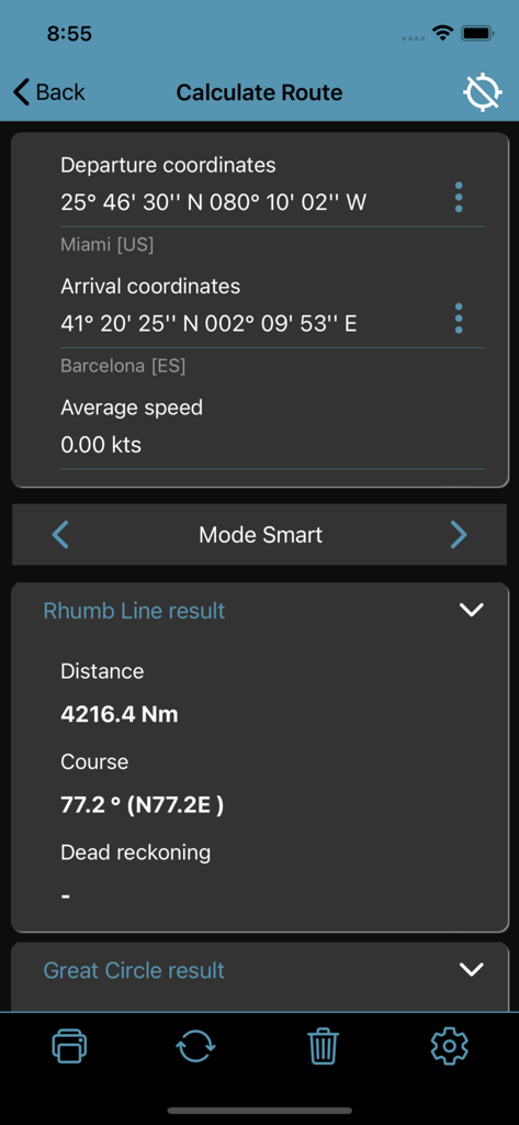 Nautical Calculator Pro interface showing a route calculation from Miami to Barcelona including Rhumb Line distance and course details