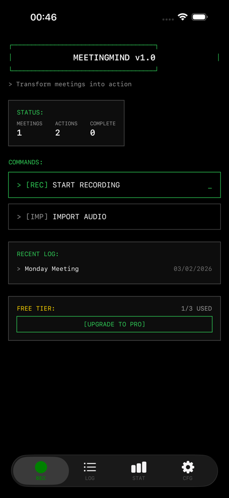 Meeting Mind: AI Voice Notes - Meeting Mind app dashboard with a dark terminal interface showing recording and meeting status options