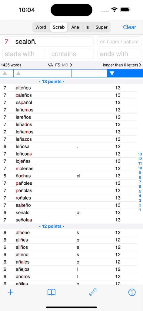 Español Words Finder PRO - A list of Spanish words and their point values in the Español Words Finder PRO app interface.