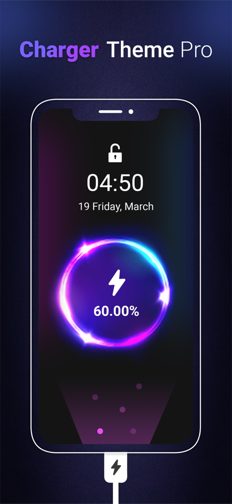Pantalla de iPhone mostrando una animación de carga circular de neón con un sesenta por ciento de nivel de batería