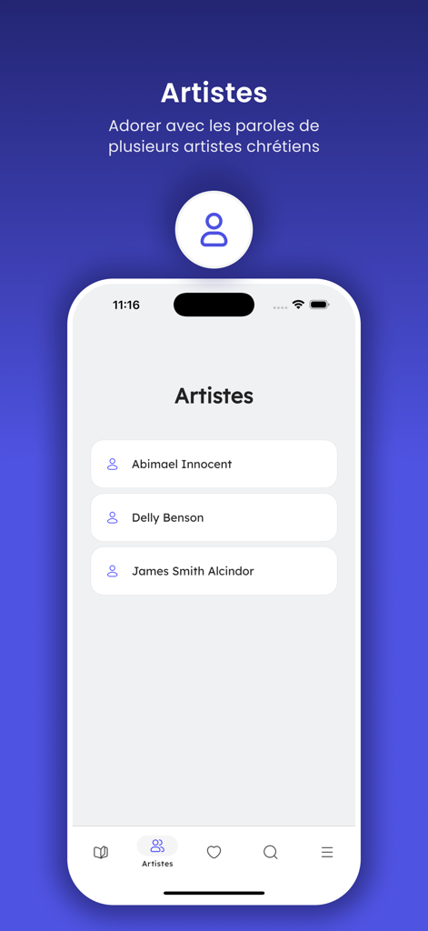 Le Chants d'Espérance - A screen from the Le Chants d Esperance app showing a list of Christian artists like Abimael Innocent and Delly Benson