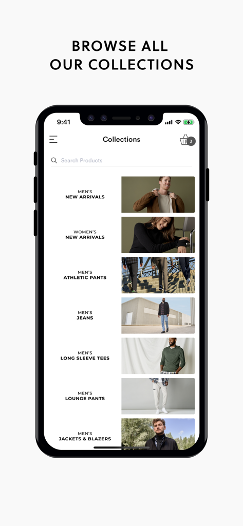 American Tall - A mobile app interface of American Tall displaying various clothing collections for tall men and women such as athletic pants, jeans, and new arrivals.