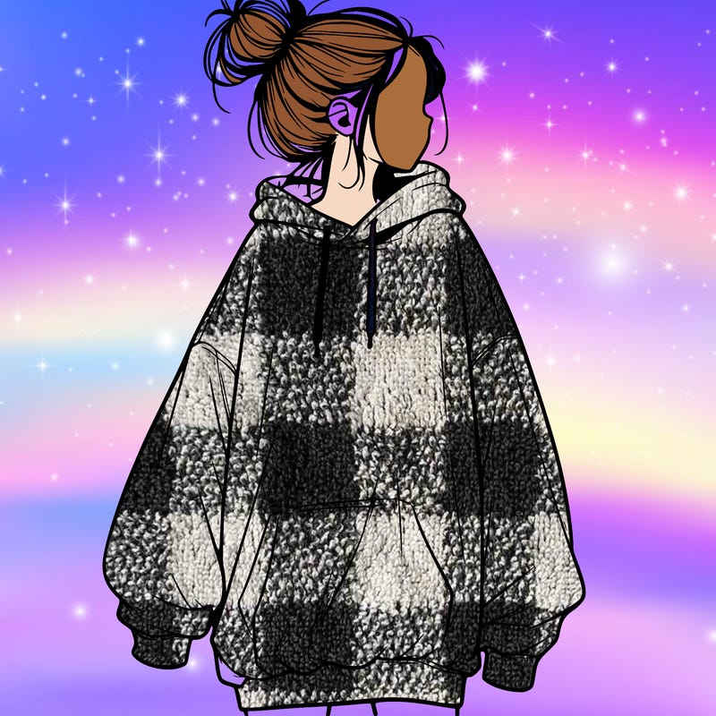 realistic girl with a oversized sweatshirt on and a bun