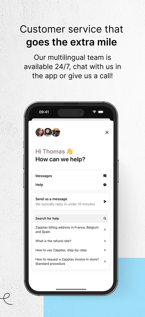 Zapptax — Shop Tax Free - Zapptax app screenshot showing 24/7 multilingual customer service and help center