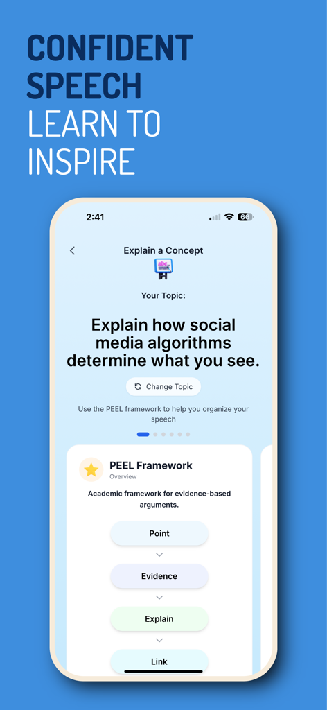 Lexioo app interface for practicing confident speech using the PEEL framework