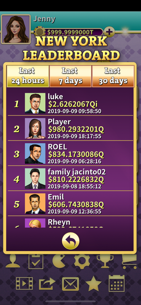 In-game leaderboard for Chinese Poker Offline showing top player rankings in New York