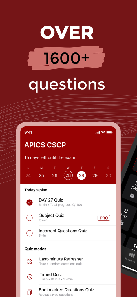 App di preparazione all'esame CSCP che mostra il piano di studio giornaliero e le modalità di quiz di pratica