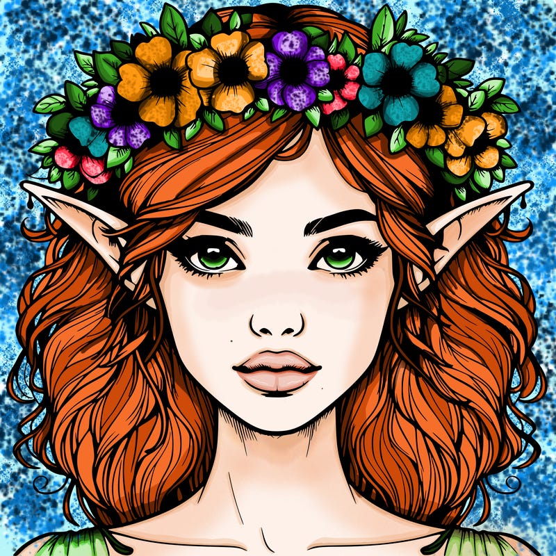 realistic female elf with flower crown