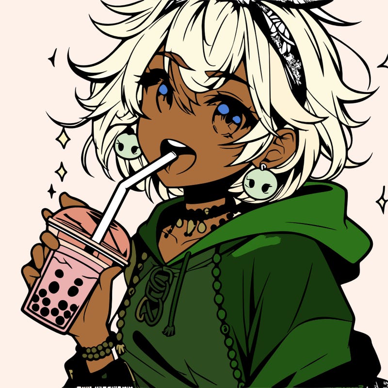 hot baddie anime girl drinking boba and biting the straw