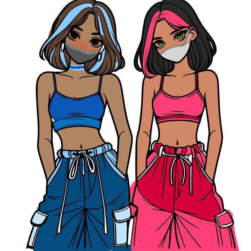 two girls with crop top with baggy pants