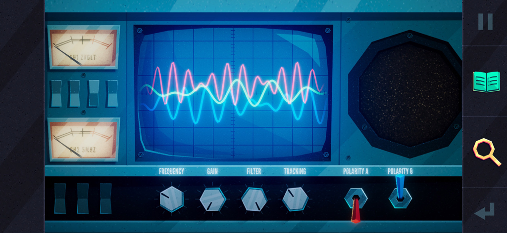 Interface de osciloscópio vintage desenhada à mão com formas de onda azuis e vermelhas.