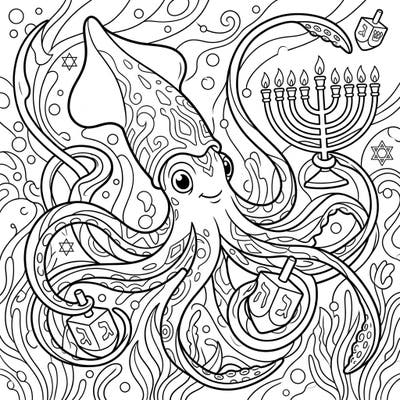 Discover a one-of-a-kind coloring page featuring a Bigfin Squid celebrating Hanukkah, surrounded by menorahs and dreidels. This delightful design offers a unique blend of marine mystery and festive tradition, perfect for a creative Hanukkah activity.