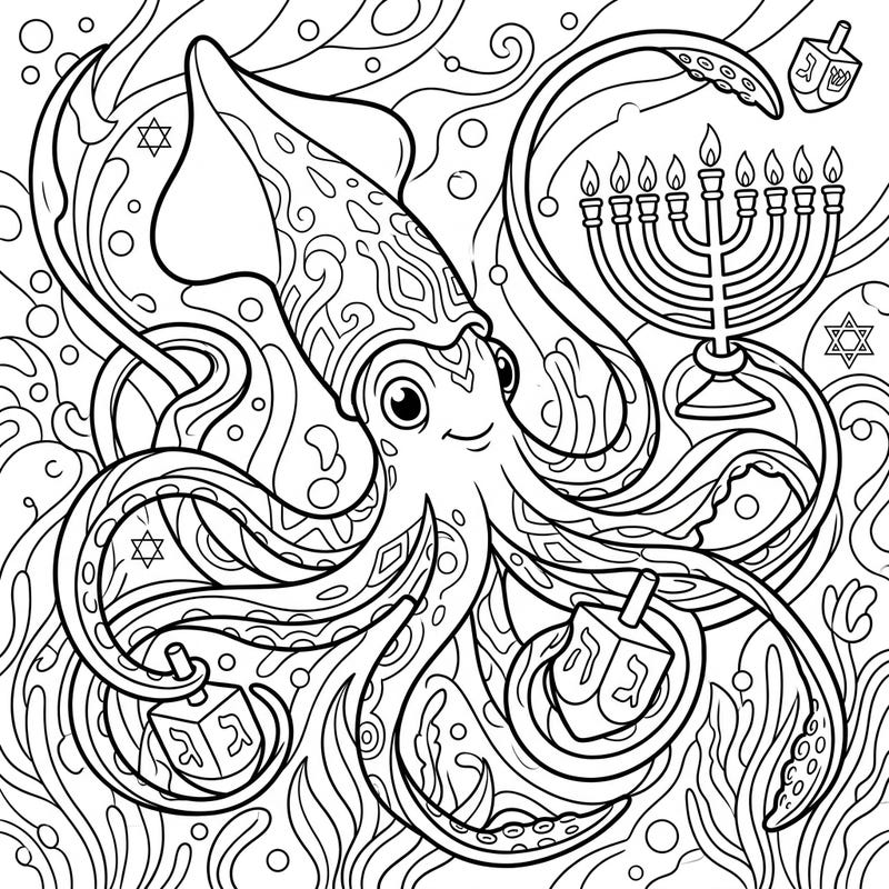 Discover a one-of-a-kind coloring page featuring a Bigfin Squid celebrating Hanukkah, surrounded by menorahs and dreidels. This delightful design offers a unique blend of marine mystery and festive tradition, perfect for a creative Hanukkah activity.
