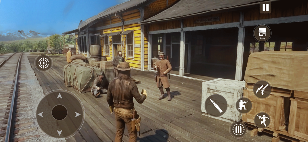 Wild West Cowboy Redemption 3D - Third-person view of a cowboy standing at a frontier train station with mobile game controls