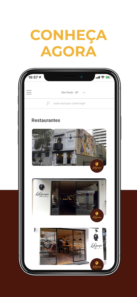 La Guapa Empanadas - Pantalla de la aplicación móvil La Guapa Empanadas que muestra una lista de ubicaciones de restaurantes con fotos de las fachadas.