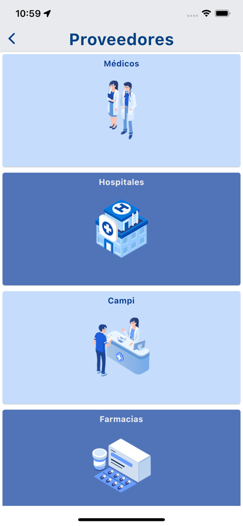 RPN app menu for selecting health providers including doctors hospitals and pharmacies