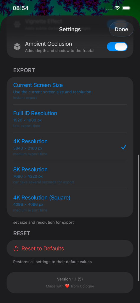 Mandel-Zoom - Settings menu of Mandel-Zoom app showing export resolution options up to 8K.