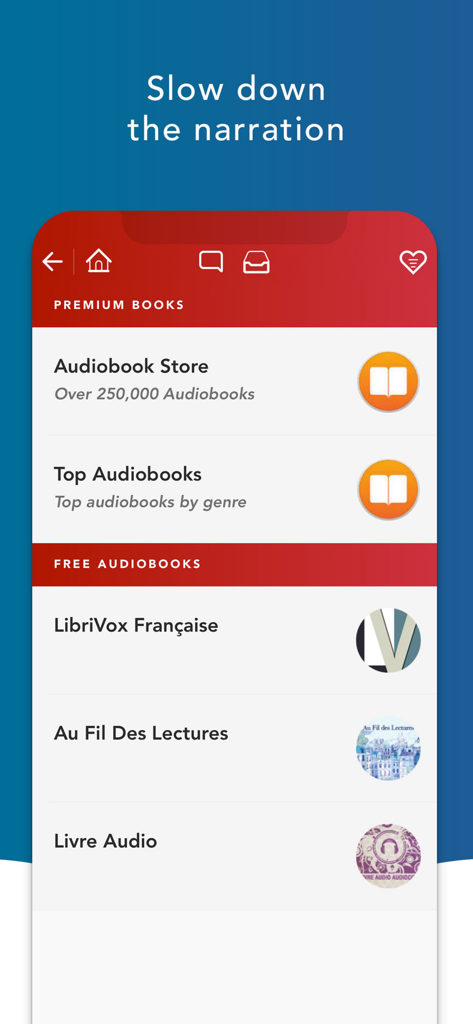 Livres Audio HQ - Menu Bibliothèque de l'application Livres Audio HQ proposant des collections de livres audio français gratuits et payants