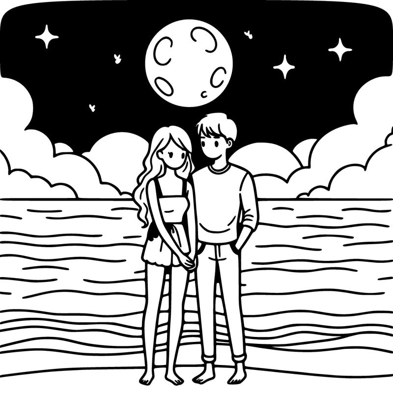 man & woman couple on the beach under the moon