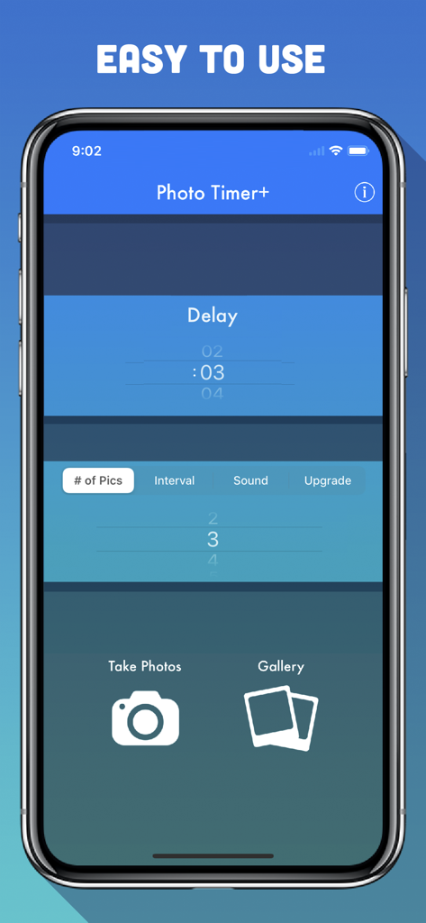 Interface de l'application Photo Timer Plus mettant en avant sa facilité d'utilisation pour le délai et ses multiples réglages de prise de vue.