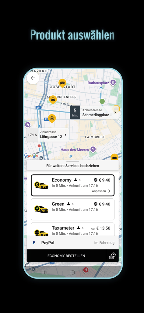 Taxi 40100 zum Fixpreis fahren - Taxi 40100 mobile App Bildschirm, der Fahroptionen mit Festpreisen und eine Karte von Wien anzeigt
