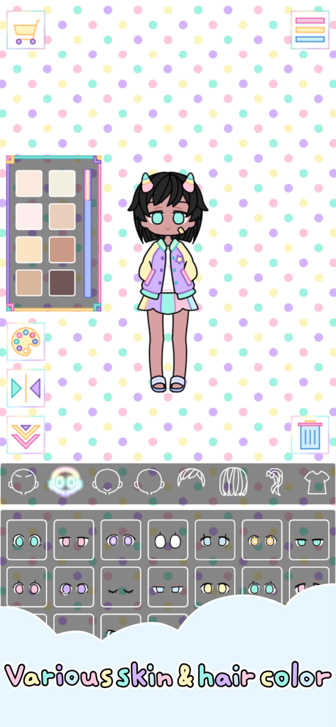 Pastel Girl - Pastel Girl app interface showing avatar customization for skin and hair color