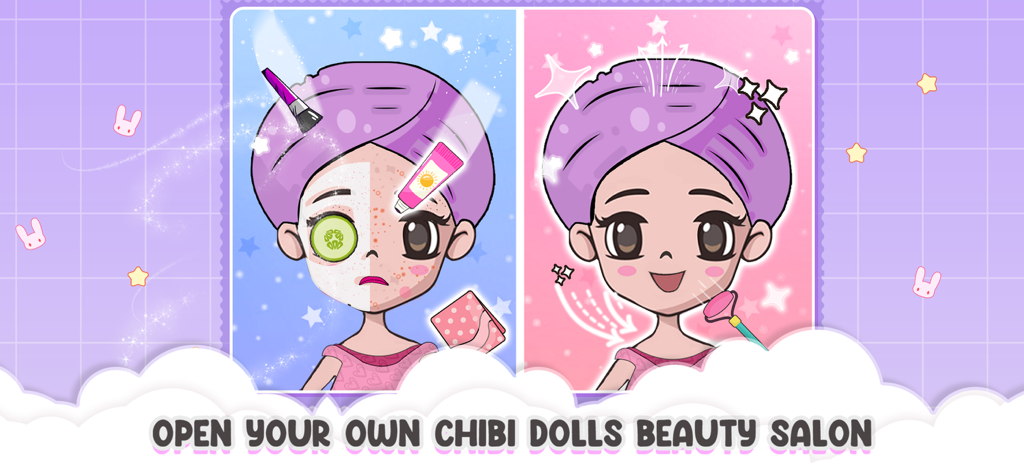 Anime Chibi Dolls Girl Games - Un personaje de muñeca chibi de anime antes y después de un tratamiento de belleza facial en un salón.