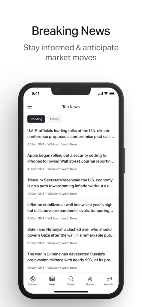 Koyfin mobile app interface displaying a list of top breaking financial news and market updates.