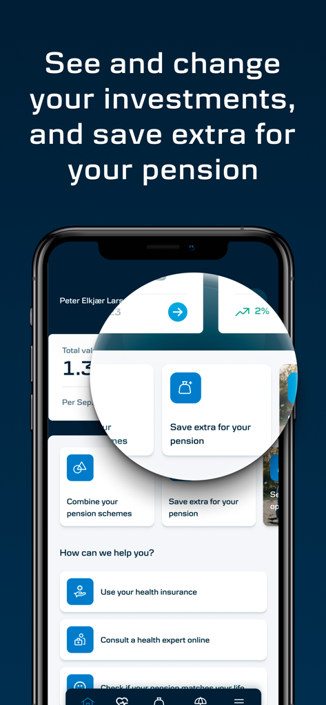 Mobilpension - Danica Pension - Mobilpensionアプリのインターフェース、投資の管理と健康保険サービスの利用オプションが表示されています