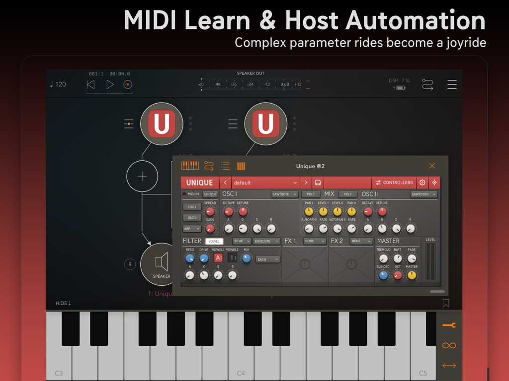 Unique für iPad Synthesizer-Oberfläche zeigt MIDI Learn und Host Automation Funktionen über einer virtuellen Klaviertastatur.