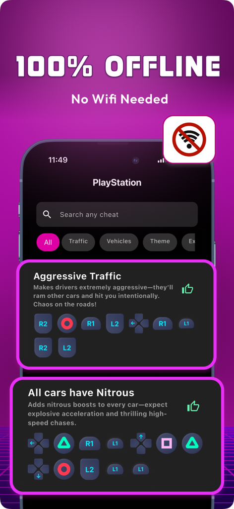 Ein Screenshot der GTA Vice City Cheats App-Oberfläche, der Offline-Zugriff und PlayStation-Controller-Tastenkombinationen hervorhebt.