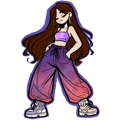 girl in baggy pants crop top and long hair