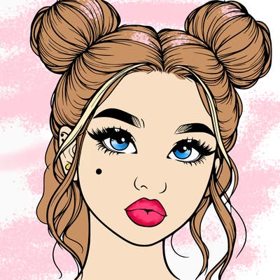 realistic girl with two buns on her hair and lips