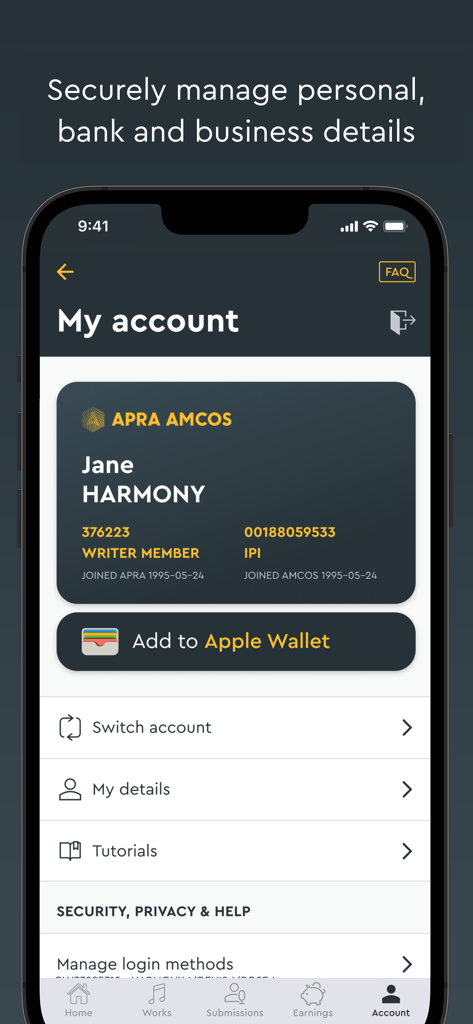 The My Account screen of the APRA AMCOS app displaying a digital member card for a music creator