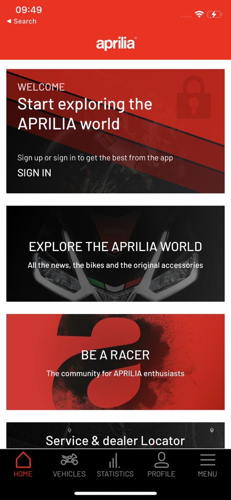 Schermata principale dell'app mobile Aprilia che mostra sezioni di notizie e community.