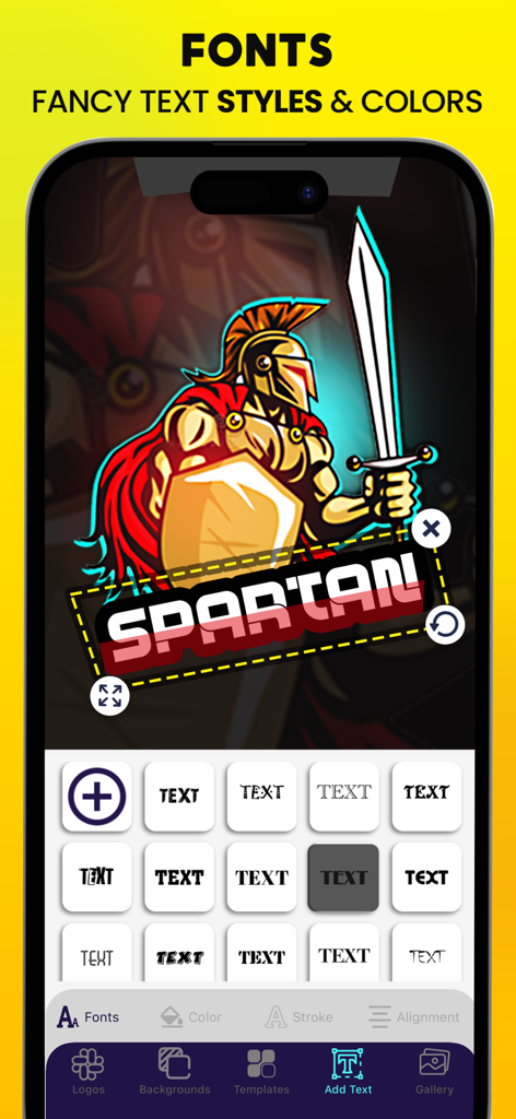 Gaming Esports Maker Logo Clan - E-Sport-Gaming-Logo-Maker-App-Oberfläche mit benutzerdefinierten Schriftartenstilen und einem Spartaner-Krieger-Design