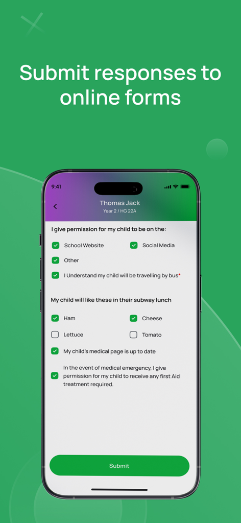 nForma For Parents - nForma For Parents app interface showing a student online permission form and lunch preference selection