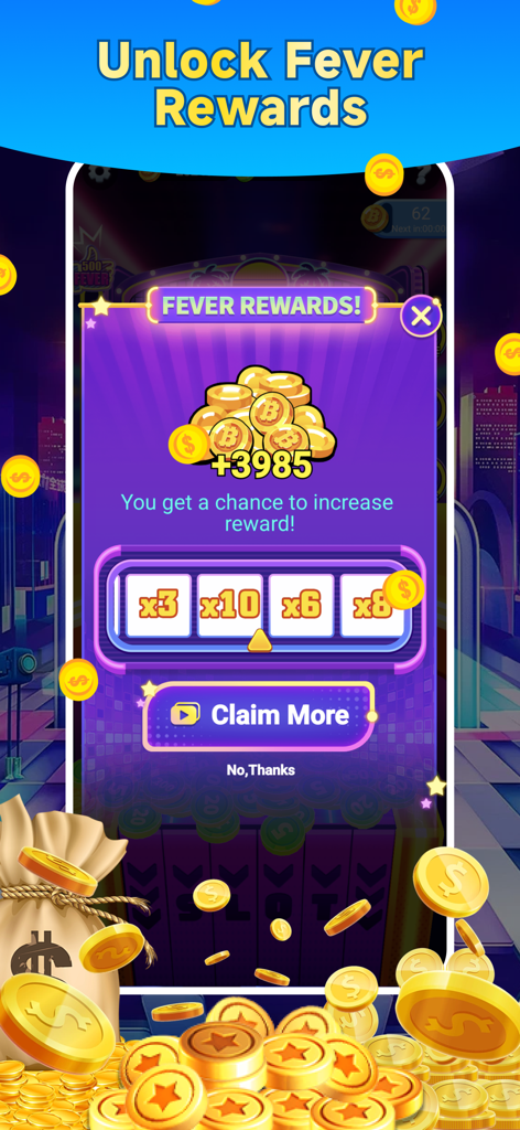 Lucky Pusher: Coin Dozer Game - Lucky Pusher game screen showing fever rewards and a coin multiplier wheel
